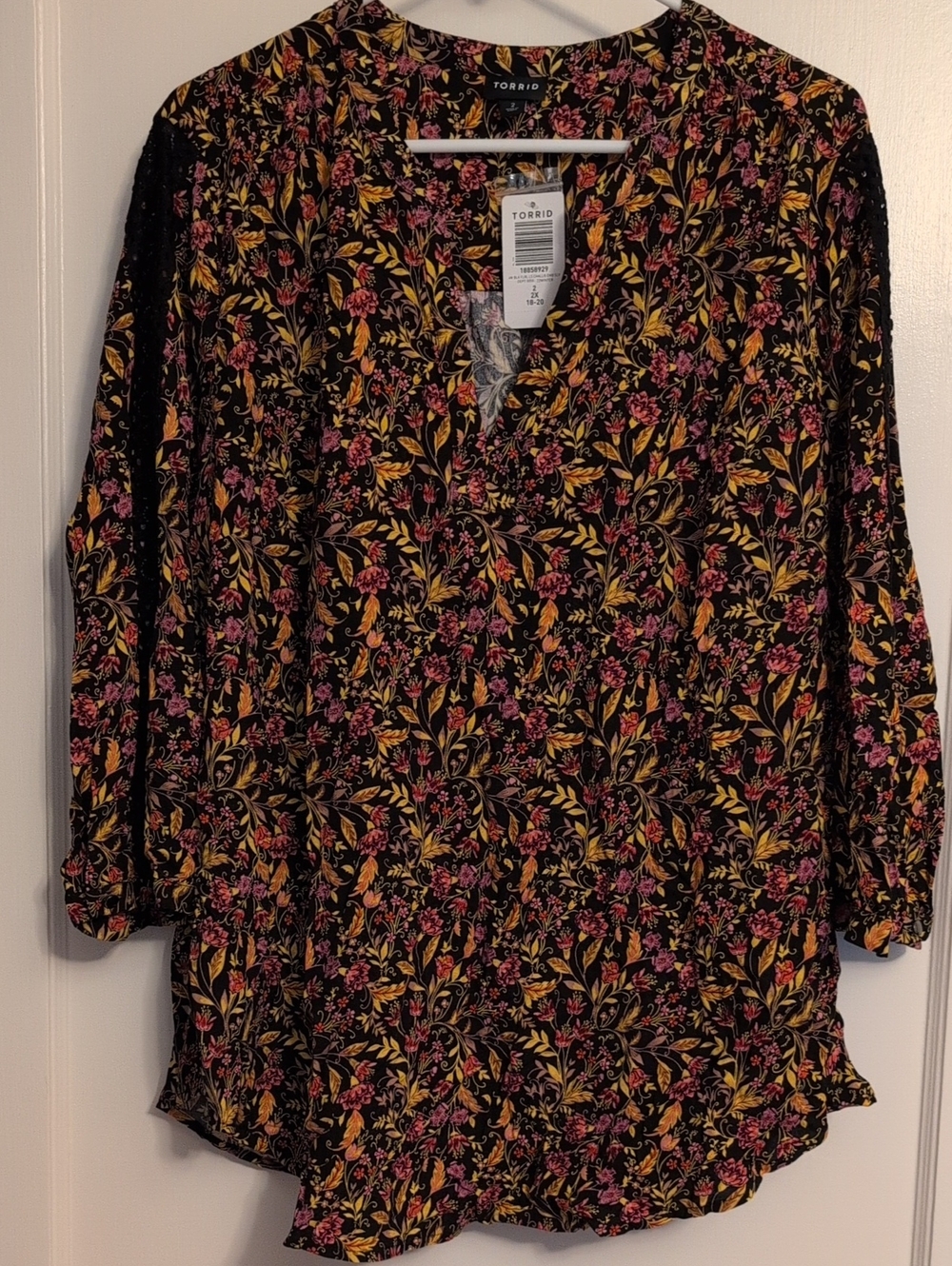 torrid Black Floral V-Neck Tunic with Yellow & Pink Print